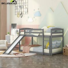 a child's bedroom with bunk beds and a slide in the middle, on hardwood flooring