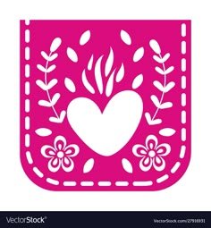 a heart with flowers and leaves on a pink square shape icon isolated from white background