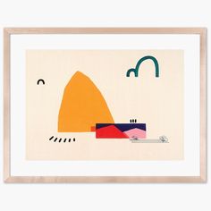 an art print with geometric shapes and lines on it's surface, in white frame