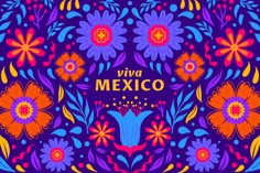 an image of a mexican design with flowers and leaves on it's purple background