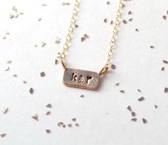 itty bitty bar custom initial monogram date by makepienotwar Dainty Rectangular Pendant With Initials, Personalized 14k Rose Gold Filled Charm Necklaces, Everyday Rose Gold Custom Name Jewelry, Everyday Rose Gold Jewelry With Custom Name, Simple Rose Gold Jewelry For Personalized Gift, Customizable Rose Gold Dainty Charm Necklace, Rose Gold Nameplate Jewelry For Everyday, Dainty Personalized Initial Necklace With Rectangular Pendant, Personalized Dainty Rose Gold Charm Necklaces