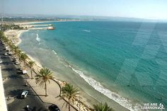 an aerial view of the beach and ocean with cars parked on the road next to it