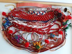 Large Lot red theme junk beaded necklaces and bracelet for crafting projects - all wear except for the elephant beaded strand which is not a necklace- sold as is. similar lots are listed  To make this a smooth and pleasant transaction experience for everyone, all buyers need to read and understand the description, the terms of sale , the payment and the shipping indicated in this listing. Return not accepted - please ask before purchase. Handmade Red Beaded Bracelets For Gift, Red Beaded Jewelry For Gift Making, Red Round Beaded Bracelets For Festivals, Handmade Red Craft Supplies, Handmade Red Beaded Bracelets For Festivals, Red Bracelets For Festivals, Festival Red Bracelets, Handmade Red Craft Supplies For Gifts, Red Beads For Festival Gifts