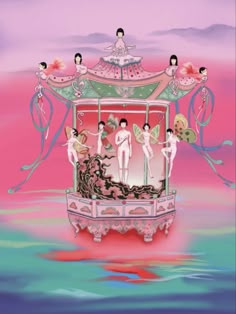 a painting of some women in front of a gazebo with pink and blue water