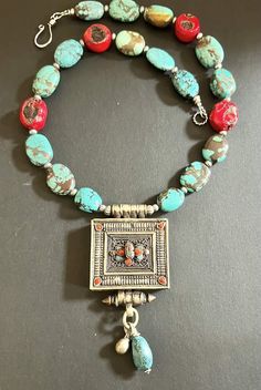 Tibetan Ghau Gau Turquoise &  Red Coral Vintage Nepalese Boho handmade Necklace.  | eBay Traditional Turquoise Jewelry With Large Pendant, Traditional Rectangular Necklace For Festivals, Artisan Red Jewelry With Large Pendant, Traditional Turquoise Pendant Necklace With Gemstone Beads, Traditional Jewelry With Large Square Pendant, Traditional Rectangular Jewelry For Jewelry Making, Traditional Turquoise Pendant Necklace With Natural Stones, Hand-strung Turquoise Pendant Necklace, Handmade Artisan Necklace With Square Pendant