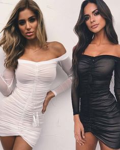 off the shoulder tulle long sleeve ruched tight club dress Date Looks, Kim Kardashian Outfits, Kardashian Outfit, Black Mesh Dress, Tight Dress Outfit, Mesh Bodycon Dress, Outfit Party, Party Dress Long Sleeve, Club Dress