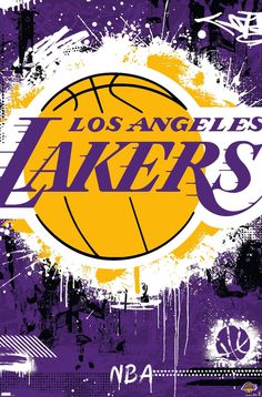 the los angeles lakers logo on a purple and white background with paint splatters