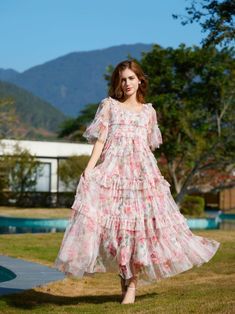 Pink Flowy Chiffon Dress For Spring Wedding, Spring Wedding Flowy Chiffon Dress, Summer Wedding Chiffon Dress With Ruffles, Spring Flowy Chiffon Bridesmaid Dress, Flowy Chiffon Bridesmaid Dress For Spring, Spring Bridesmaid Dress, Flowy Chiffon, Summer Chiffon Dress With Ruffles For Wedding Guest, Spring Wedding Chiffon Bridesmaid Dress, Spring Wedding Tiered Chiffon Dress