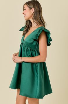 Add a pop of playful elegance to your wardrobe with our Evergreen Satin Poplin Bubble Sleeve Dress. This V-neck mini dress features statement bubble ruffle flutter sleeves, making it perfect for any occasion - especially the holidays! Bubble Sleeve Dress, Skin Care Cleanser, Body Sunscreen, Ruffle Sleeve Dress, Moisturizing Serum, Bubble Sleeve, Boutique Tops, Cleanser And Toner, Dress Romper