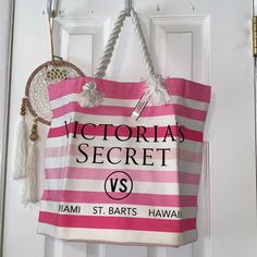 Victoria’s Secret Pink And White Beach Tote New W Tags Rope Straps Mark Inside/ Never Used White Beach, Victoria Secret Bags, Beach Tote, Womens Tote Bags, Victoria's Secret Pink, Pink And White, Secret Pink, Victoria’s Secret, Pink White