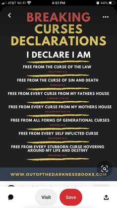 the poster for breaking curses declarations, which is displayed on an iphone screen