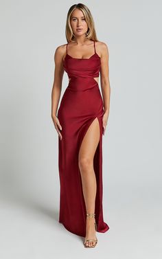 Sophie Midi Dress - Cowl Neck Cross Back Dress in Red Split Maxi Dress For Gala During Prom Season, Split Dress For Gala During Prom Season, Satin Maxi Dress With Side Slits For Night Out, Maxi Length Dresses With Side Slits For Homecoming, Floor-length Gown With Side Slits For Night Out, Homecoming Floor-length Dress With Side Slits, Floor-length Homecoming Dress With Side Slits, Split Maxi Dress For Prom Season Evening, Evening Maxi Dress With Split For Prom Season