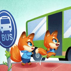 an illustration of two foxes chasing each other in front of a bus sign that says bus