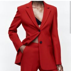 Zara Minimalist Fitted Blazer Limited Edition New With Tag Intense Red Color Tailored Blazer Made Of Wool Blend Fabric. Lapel Collar And Long Sleeves. Front Welt Pockets. Contrasting Interior Lining. Front Button Closure. Outer Shell 53% Polyester 43% Wool 4% Elastane Lining 100% Viscose Intense Red 8392/513 73 Modern Red Outerwear For Work, Red Notch Lapel Blazer For Spring, Zara Red Formal Outerwear, Tailored Red Spring Blazer, Tailored Red Blazer For Spring, Zara Red Blazer For Spring, Zara Red Spring Blazer, Elegant Red Zara Blazer, Classic Red Blazer For Spring