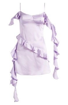 Soft ruffles romance this rich satin mini designed with slinky straps. Side zip closure Sweetheart neck Spaghetti straps Unlined 96% polyester, 4% elastane Dry clean Imported Strapless Satin Mini Dress With Ruffles, Glamorous Satin Mini Dress With Ruffles, Elegant Lavender Mini Dress With Ruffles, Flirty One-shoulder Satin Mini Dress, Satin Ruffled Mini Dress, Flirty Lavender Mini Dress For Party, Lavender Satin Dress For Summer, Lavender Satin Summer Dress, Summer Lavender Satin Dress