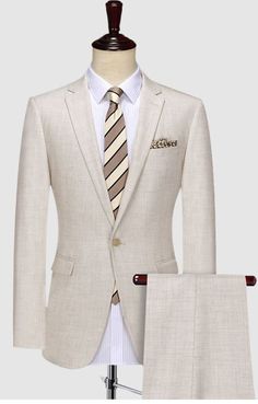 Men stone white suit with a single button front, side pockets with flaps, and single vent. Comes with a wider notch lapel offering a more classic and timeless look. The slim-fit pants complete the look. Ideal for any occasion. Office Sets With Slim Fit And Notch Lapel, Single Breasted Slim Fit Office Sets, Beige Tuxedo Set For Business, Notch Lapel Slim Fit Single Button Set, Tailored Beige Sets For Business Casual, Elegant Slim Fit Three-piece Suit, Luxury Single Breasted Fitted Suits, Tailored Beige Formal Sets, Single Breasted Fitted Sets With Notch Lapel