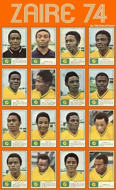 an orange and white poster with many different soccer players in the same team's uniforms