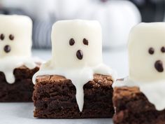 chocolate brownies with marshmallows in the shape of ghost faces