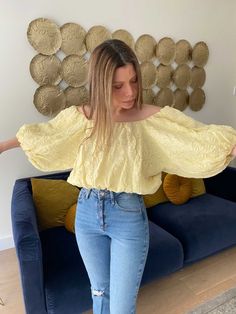 Off the shoulder bomber blouse. Beautiful baby yellow blouse. New condition. Balloon Sleeve Tops For Summer Day Out, Trendy Balloon Sleeve Tops For Summer, Trendy Balloon Sleeve Summer Tops, Summer Top With Blouson Sleeves For Day Out, Trendy Balloon Sleeve Tops For Day Out, Blouson Balloon Sleeve Tops For Day Out, Trendy Spring Top With Blouson Sleeves, Padded Long Sleeve Blouse For Summer, Casual Tops With Blouson Sleeves For Day Out