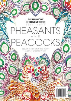 the front cover of pheasants and peacocks coloring book with colorful feathers