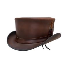 Marlow Mens Leather Top Hat - LT Hat Band Leather Top Hat | Men's Top Hat with Feather | Steampunk Hat Finished black is all night, captured by the moonlight and darkly romantic. Brown is deep and comfortable; a friend who both scoundrel and traveler. Pecan, with its contrasting band and brim edge is, like Robin Hood, the cutpurse with noble motive.    Features: Brim 2" Crown 3 3/4" Size 6 up to Size 8 Cowhide Leather Featherweight 2 Colors: Burnt Black & Brown Sizes: XXS to 3XL (Follow The Char Steampunk Brown Brimmed Hats, Vintage Brown Fedora With High Crown, Brown Steampunk Brimmed Hats, Steampunk Style Brown Brimmed Hat, Vintage High Crown Brown Fedora, Adjustable Short Brim Steampunk Hat, Brown Top Hat For Country Events With Short Brim, Brown Top Hat With Short Brim For Country Events, Brown Short Brim Top Hat For Country Events