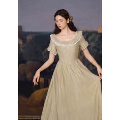 For a noble and elegant young lady, like a sparkling jewel in a palace. A retro dress that reminds you of the season of fresh greenery. The neckline and cuffs are decorated with lace embroidery and ruffles. The way she sways gently and gracefully is captivating. 
 
 Size 
 
 S size 
 
 Length: 121cm 
 Shoulder width: 35cm 
 Bust: 84cm 
 Waist: 70cm 
 
 Sleeve length: 18cm 
 
 M size 
 
 Length: 122cm 
 Shoulder width: 36cm 
 Bust: 88cm 
 Waist: 74cm 
 
 Sleeve length: 18cm 
 
 L size 
 
 Length: Lace A-line Dresses With Ruffles, Fitted Cottagecore Party Dress, Cottagecore Fitted Party Dress, Cottagecore Style Fitted Party Dress, Spring Princess Style Lace Dress, Princess Style Lace Dress For Spring, Spring Princess Lace Dress, Fitted Princess Dress In Beige, Cottagecore Lace Trim Dress For Party