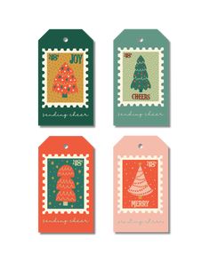 four tags with christmas trees on them