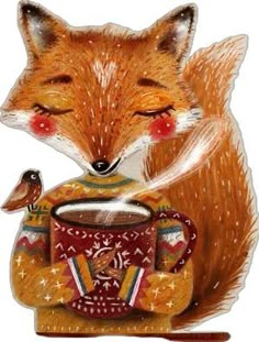 a painting of a fox holding a cup of coffee