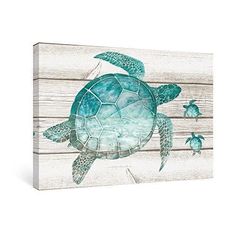 a painting of a sea turtle on a wooden plank