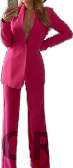 Pink Suit Collar Party Sets, Pink Suit Collar Blazer For Office, Pink Blazer With Suit Collar For Office, Tailored Pink Blazer For Office Wear, Tailored Pink Blazer For Business Casual, Pink Semi-formal Sets With Suit Collar, Semi-formal Pink Sets With Suit Collar, Pink Long Sleeve Formal Pantsuit, Formal Long Sleeve Pink Pantsuit