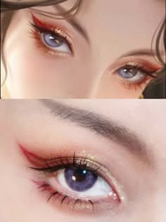 Halloween Makeup Only Costume, Red Fox Makeup, Chinese New Year Makeup, Kitsune Makeup, Red And Gold Makeup, Hanfu Makeup, Red Eyeshadow Looks, Mascara Hacks, Anime Eye Makeup