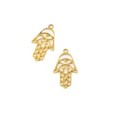 two gold tone hamsa charms with an eye on the front and one in the middle