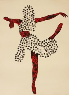 a drawing of a ballerina in red and white with stars on her skirt,