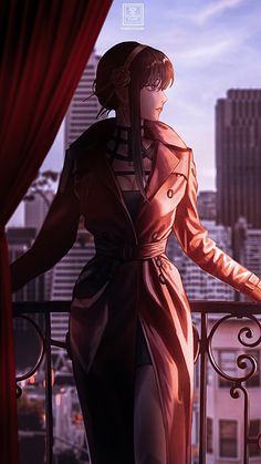 a woman standing on top of a balcony next to a red curtain and wearing a trench coat