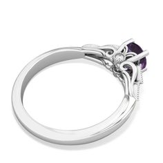 Feauturing flowing filigree scrolls and delicate milgrain accents, this deep purple amethyst ring in 14K White Gold is truly unique. Ten sparkling diamonds are nestled among the intricate details of this one-of-a-kind piece. Elegant Purple Birthstone Ring With Round Cut, Elegant Purple Round Cut Birthstone Ring, Elegant Amethyst Ring With Diamond Accents, Elegant Purple Birthstone Ring With Center Stone, Elegant Purple Birthstone Promise Ring, Elegant Amethyst Birthstone Ring In Round Band, Elegant Amethyst Birthstone Ring Round Band, Elegant Amethyst Birthstone Ring With Prong Setting, Elegant Amethyst Rings With Accent Stones