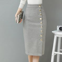 High Waist Warm Solid Pencil Office Midi Skirt Cheap Pencil Skirt For Office Wear, Knee-length Pencil Skirt For Workwear, Knee-length Pencil Skirt With Button Closure For Work, Chic Workwear Pencil Skirt With Buttons, Fall Office Midi-length Pencil Skirt, Chic Buttoned Pencil Skirt For Work, Chic Pencil Skirt With Buttons For Workwear, Chic Winter Knee-length Pencil Skirt, Winter Office Lady Skirt