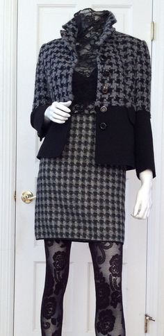 "The Nanny character wore a version of this Moschino skirt. It is Vintage 1996 and unworn from my private collection. Fabric is marked as 92% wool and 8% rayon. Size 44 Italian, size 10 USA 1/2\" black and grey houndstooth pattern Fully lined Side zipper with hook and eye Bias edges in black at the waist and the hem. Measurements: Waist - 30\" Hips - 38\" Length - 18\" (This listing is for the skirt only. The jacket is in a separate listing)" Office Wool Skirt In Black, Elegant Black Skirt With Houndstooth Pattern, Fitted Black Skirt With Houndstooth Pattern, Elegant Black Houndstooth Skirt, Fitted Black Houndstooth Skirt, Black Fitted Houndstooth Skirt, Elegant Black Houndstooth Pattern Skirt, Black Fitted Houndstooth Mini Skirt, Black Houndstooth Mini Skirt