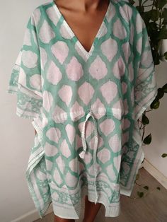 Cotton kaftan Green V-neck Tunic For Beach, Green Maxi Length Beach Cover-up, Bohemian Beach Dress For Summer Loungewear, Bohemian Summer Beach Loungewear Dress, Green Summer Kaftan For Vacation, Summer Style Green Kaftan For Beach Season, Green Summer Kaftan For Beach Season, Bohemian Green Maxi Beach Dress, Green Bohemian Maxi Beach Dress