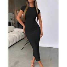 -Item Id 31440107 -Details: Backless, Split, Split Thigh -Neckline: Round Neck -Sleeve Type: Regular Sleeve -Style: Casual -Type: Bodycon -Waist Line: Natural -Hem Shaped: Pencil -Color: Black -Pattern Type: Plain -Sleeve Length: Short Sleeve -Fit Type: Regular Fit -Length: Midi -Material: Fabric -Composition: 95% Polyester, 5% Elastane -Care Instructions: Machine Wash Or Professional Dry Clean -Sheer: No -Fabric: High Stretch **Open To Offers!!!** **Bundle To Save More** **30% Off Bundles Of 2 Black Slim Fit Midi Bodycon Dress, Fitted Solid Black Midi Dress, Bodycon Fashion, Classy Chic, Chic Boutique, Boutique Dresses, Black Pattern, Sleeve Type, Sleeve Styles