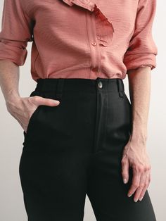 If you’re looking for the classic Audrey Hepburn cigarette pant, this is it. Made of a soft and stretchy fabric, it’s incredibly comfortable and has elastic at the back waistband for extra comfort—along with a cool slant back pocket. Hitting at the perfect crop for a loafer, slide or even boot, it’s a versatile pant that will last for the long haul, just like your own personal legacy. Fitted Straight Leg Bottoms For Everyday, Casual Wide Leg Pants With Straight Hem For Office, Workwear Chinos With Hip Pockets, Relaxed Fit Office Bottoms With Pockets, Classic Bottoms With Side Pockets For Work, Classic Workwear Bottoms With Side Pockets, Fitted Pants Without Pockets For Work, Stretch Wide Leg Pants With Hip Pockets For Work, Minimal Stretch Workwear Bottoms With Pockets