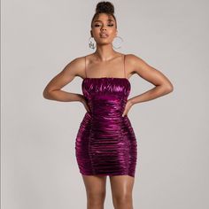 Metallic Magenta Minidress New With Tags Perfect Party Dress! Skinny Spaghetti Straps, Zipper Down Back, Plenty Of Stretch Ruched Strapless Mini Dress For Party Season, Dressy Mini Dress With Spaghetti Straps, Dressy Fitted Mini Dress With Spaghetti Straps, Purple Strapless Midi Dress For Night Out, Purple Ruched Spaghetti Strap Dress, Purple Spaghetti Strap Midi Dress For Night Out, Cocktail Mini Dress With Spaghetti Straps And Ruched Detail, Purple Strapless Bodycon Party Dress, Purple Spaghetti Strap Bodycon Evening Dress