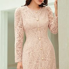 Product Name: Women's Dress Lace Elegant Long Sleeve Slim Fit Party Maxi Dress Item NO.: zico_5439 Weight: 0.3 kg = 0.6614 lb = 10.5822 oz Category: Clothing> Women> Dresses & Skirts Creation Time: 2023-03-01 Color: Light Pink Size: S, M, L, XL Sleeve Length: Long Sleeve Collar/neckline: Round Collar Material: Polyester Design Elements: Button Split Hollow Fit: Bodycon Fitted Long Sleeve Dress For Banquet, Elegant Long Sleeve Beige Bodycon Dress, Feminine Long Sleeve Lace Evening Dress, Elegant Beige Long Sleeve Bodycon Dress, Fitted Long Sleeve Midi Dress For Banquet, Fitted Long Sleeve Sheath Dress For Party, Long Sleeve Beige Midi Dress For Party, Fitted Sheath Long Sleeve Dress For Party, Long Sleeve Beige Bodycon Party Dress