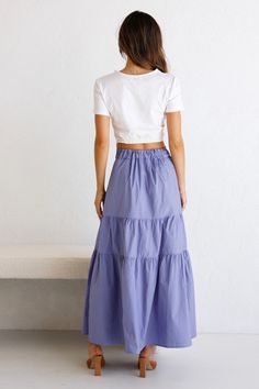 Details: Solid Pleated accent Elasticized waistband SIZE(IN) Waist Length S 24.4 41.3 M 26.0 41.7 L 27.6 42.1 XL 29.1 42.5 Flowy Tiered Skirt In Solid Color, Casual Long Skirt With Banded Waist, Solid Color Tiered Skirt For Day Out, Cotton Tiered Skirt With Solid Color, Cotton Tiered Skirt In Solid Color, Relaxed Tiered Skirt With Banded Waist, Pleated Maxi Skirts, Fitted White Shirt, Dana Dress