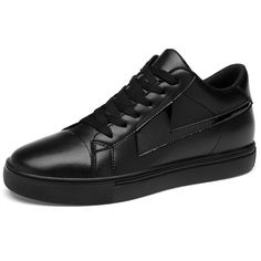 Low Top Elevator Leather Sneakers for Men Increase Height 3.2inch / 8cm Black Lift Board Shoes Elevator Shoes For Men, Black Low-top Lace-up Shoes With Rubber Heel Cap, Black Lace-up Height Increasing Sneakers, Black Height-increasing Lace-up Sneakers, Casual Sneakers With Height Increasing Insole And Round Toe, Leather Height Increasing Sneakers With Round Toe, Height-increasing Leather Sneakers With Round Toe, Leather Height-increasing Sneakers With Round Toe, Classic Ankle-high Leather Sneakers