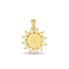 "14k solid gold sun pendant. measures 1\" by 3/4\". high polish finish." 14k Yellow Gold Sun Design Necklace, Elegant Yellow Gold Sun-shaped Jewelry, Elegant Sun-shaped Yellow Gold Jewelry, Gold Sunburst Jewelry With Sun And Moon Design, Elegant Sunburst Jewelry With Sun And Moon Design, Elegant Sun And Moon Design Sunburst Jewelry, 14k Yellow Gold Sun Design Jewelry, Sterling Silver Jewelry With Sun Design In Yellow Gold, 14k Yellow Gold Jewelry With Sun Design