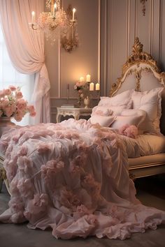 a large bed covered in pink ruffles next to a chandelier