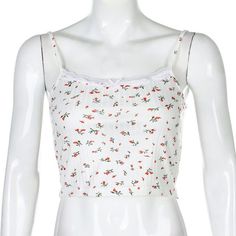 White Floral Cropped Cami Top Size Medium Pattern With Red Flowers Cami Top Sleeveless Embellished With Lace And A Bow In The Neck Area New With Tags Knit Fabric Slim Fit 95% Polyester 5% Spandex