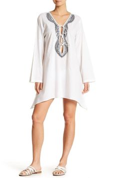 White Full Sleeved Beach Cover Up Dress with Embroidery - Hot Boho Resort & Swimwear Chic Tunic Cover-up For Beach Season, Chic V-neck Beach Dress For Holiday, Chic V-neck Festival Cover-up, Bohemian White V-neck Cover-up, V-neck Kaftan For Resort Season, V-neck Boho Dress For Beach Vacation, Embroidered V-neck Beachwear Dress, Chic V-neck Beach Dress For Festival, Spring V-neck Tunic With Embroidered Neckline