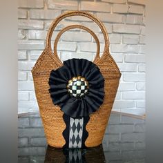 Rare Mackenzie-Childs Courtly Harliquin Rattan Bucket Bag In Perfect Condition With Courtly Check And Porcelain Knob. Fabulous Rare Find Courtly Check, Market Baskets, Mackenzie Childs, Black Tan, Black And Tan, Womens Tote Bags, Bucket Bag, Size 16, Porcelain