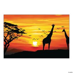 two giraffes are silhouetted against an orange sunset with birds flying in the sky